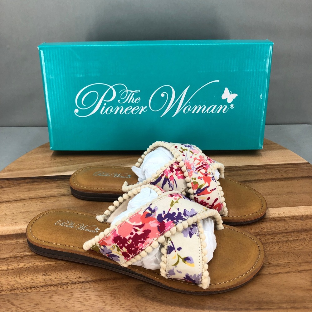 Pioneer Woman Floral Slides Womens 6 M Sandals Pom Pom Trim Casual Comfort